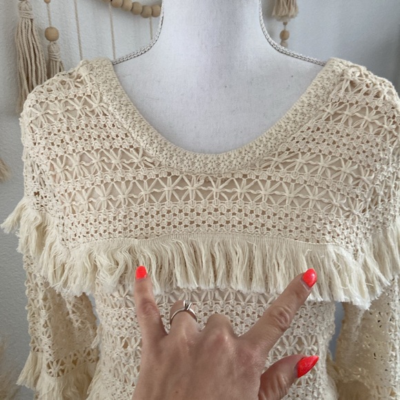 Volcom cream crochet mini dress tiered fringe low back cocoknit vacation medium - Picture 14 of 16